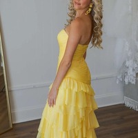 Yellow Ruched Ruffle Fitted Long Prom Dress with Slit ,PD231294 - Thumbnail 1