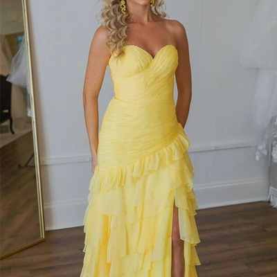 Yellow ruched ruffle fitted long prom dress with slit ,pd231294