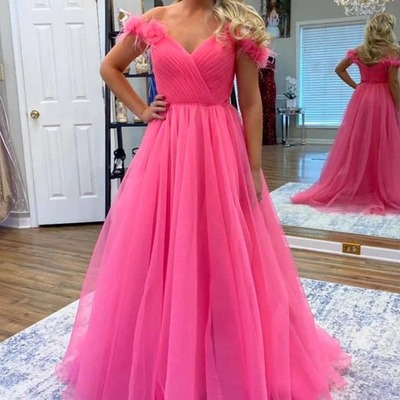 Hot pink off shoulder tulle prom dresses with 3d flowers ,pd231299