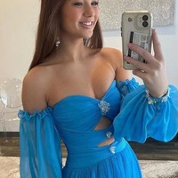 A Line Blue Sweetheart Long Chiffon Prom Dress With Split ,PD231300 - Thumbnail 2