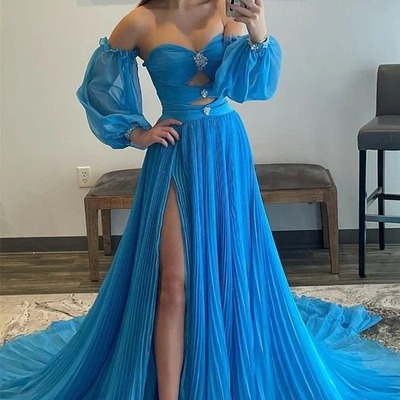 A line blue sweetheart long chiffon prom dress with split ,pd231300