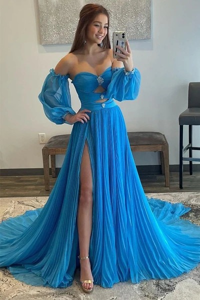 A Line Blue Sweetheart Long Chiffon Prom Dress With Split ,PD231300