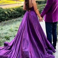 A-line Purple Satin Backless Long Prom Dress With Slit ,PD231301 - Thumbnail 1