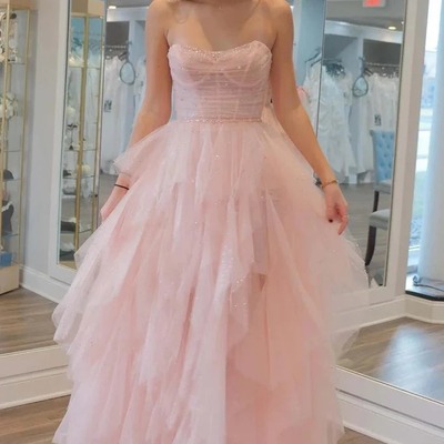 Light pink strapless sequin beaded tulle stunning prom dress ,pd231302