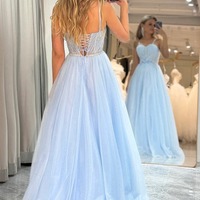 A Line Blue Spaghetti Straps Tulle Sparkly Prom Dress ,PD231303 - Thumbnail 1