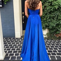 Simple A Line Royal Blue Deep V Neck  Long Prom Dress with Split,PD231304 - Thumbnail 1
