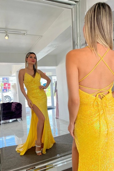 Mermaid Sparkly Lace Up Yellow Sequins Long Prom Dress,PD231305