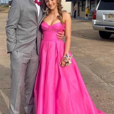 Strapless satin fuchsia long prom dress with pockets,pd231307