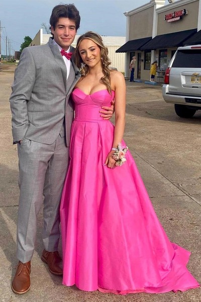 Strapless Satin Fuchsia Long Prom Dress With Pockets,PD231307