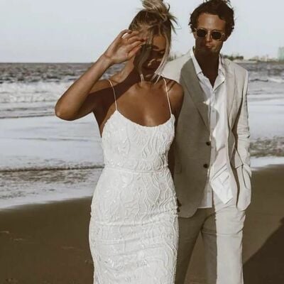 Mermaid lace wedding dress, spaghetti straps bridal dress wedding gown