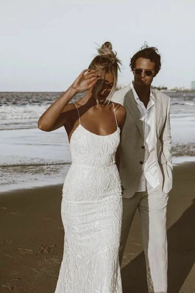Mermaid Lace Wedding Dress, Spaghetti Straps Bridal Dress Wedding Gown