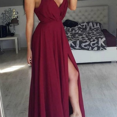 Burgundy long chiffon prom/formal dress with side slit ,pd231310