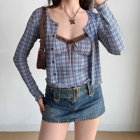 Retro plaid suspender cardigan two-piece women's short top - Thumbnail 1