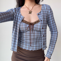 Retro plaid suspender cardigan two-piece women's short top - Thumbnail 3