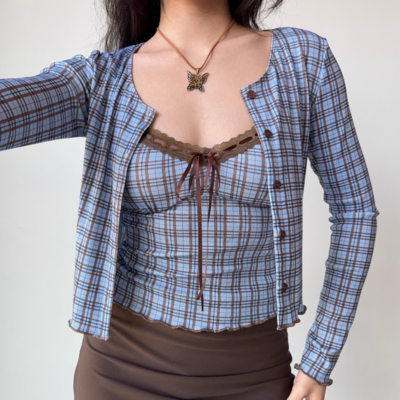 Retro plaid suspender cardigan two-piece women's short top