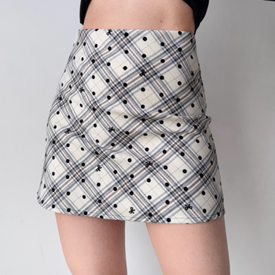 Retro plaid polka dot a-line skirt for women high waist hip short skirt