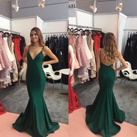 Mermaid Green Spaghetti Straps Satin Backless  Long Prom Dress,PD231311 - Thumbnail 1