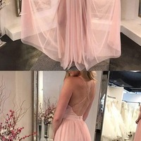 Charming A Line Backless V Neck Chiffon Slit Pink Long Prom Dresses,PD231312 - Thumbnail 1
