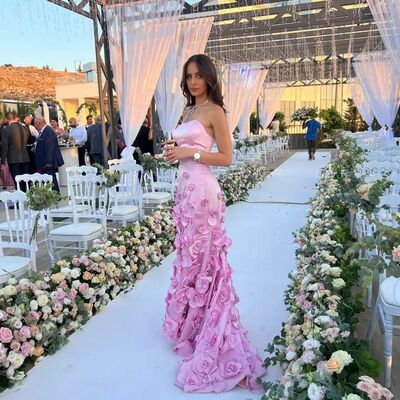 Elegant pink handmade flowers prom dress formal dress evening gowns - Thumbnail 2