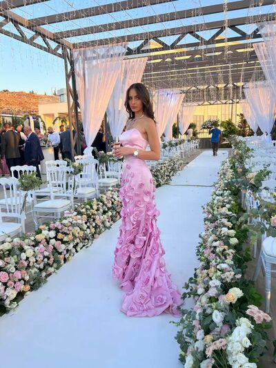 Elegant Pink Handmade Flowers Prom Dress Formal Dress Evening Gowns