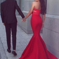 Mermaid  Red Sweetheart Sweep Train Satin Long Prom Dress,PD231315 - Thumbnail 1