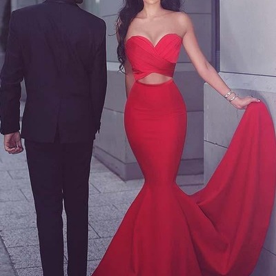 Mermaid  red sweetheart sweep train satin long prom dress,pd231315