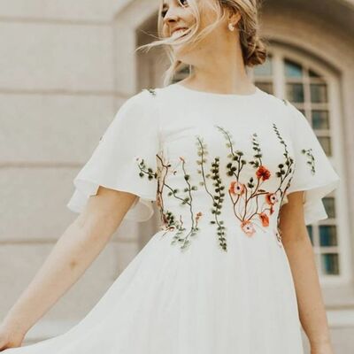 Modest wedding dress, embroidery chiffon bridal dress wedding gown