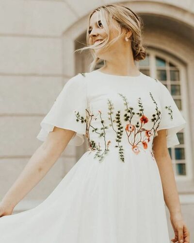 Modest Wedding Dress, Embroidery Chiffon Bridal Dress Wedding Gown