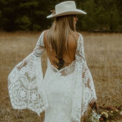 Boho wedding dress, lace bridal dress wedding gown