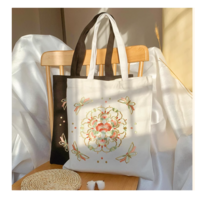 Round flower embroidery New Chinese style embroidered canvas bag crossbody handbag eco-friendly bag - Thumbnail 1