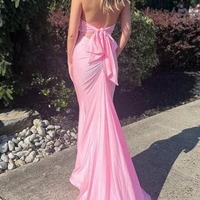 Cute Halter Pink Elastic Satin Long Mermaid Prom Dress,PD231317 - Thumbnail 1