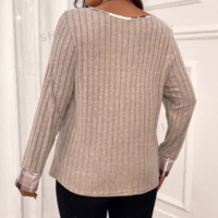 Women'S Plaid Printed Patchwork V-Neck Casual Long Sleeve Top - Thumbnail 3