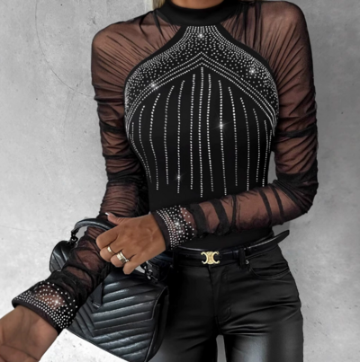 Mesh Splicing Hot Diamond Long Sleeved Jumpsuit Tops