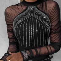 Mesh Splicing Hot Diamond Long Sleeved Jumpsuit Tops - Thumbnail 1