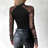 Mesh Splicing Hot Diamond Long Sleeved Jumpsuit Tops - Thumbnail 2