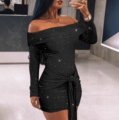 Elastic Force One Shoulder Tight Fitting Long Sleeves Wrap The Buttocks Dress