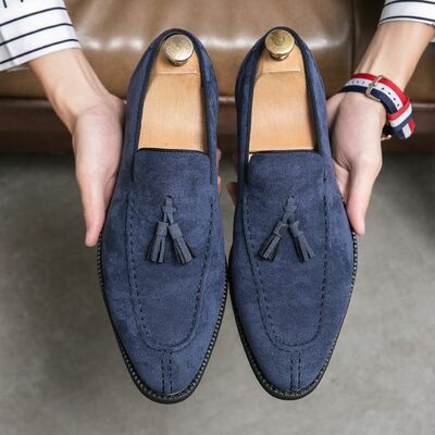 Simply Style Navy Blue Tassels Loafers Slips On Dress Shoes For Mens Hand Stitch Edition