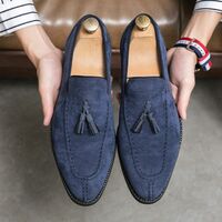 Simply Style Navy Blue Tassels Loafers Slips On Dress Shoes For Mens Hand Stitch Edition - Thumbnail 1