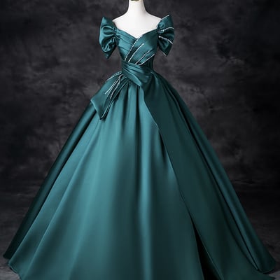 Green satin long prom dress, elegant off the shoulder evening party dress - Thumbnail 2