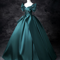 Green Satin Long Prom Dress, Elegant Off the Shoulder Evening Party Dress - Thumbnail 1