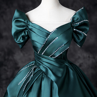 Green Satin Long Prom Dress, Elegant Off the Shoulder Evening Party Dress - Thumbnail 4