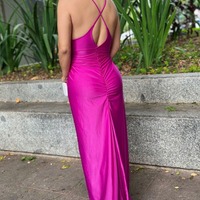  Fuchsia V-Neck Cocktail  Spaghetti Straps Ruche Long Wedding Guest Dress,PD231318 - Thumbnail 1