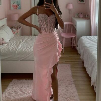 Elegant pink sheath side slit lace prom dress evening formal gowns - Thumbnail 1