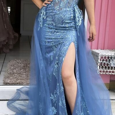 Elegant blue sheath side slit sequins lace prom dress evening formal gowns - Thumbnail 3
