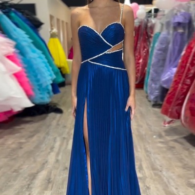 A-line royal blue one shoulder long evening dress,prom dress with slit,pd231320