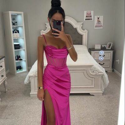 Elegant hot pink sheath off the shoulder side slit prom dress evening formal gowns - Thumbnail 3