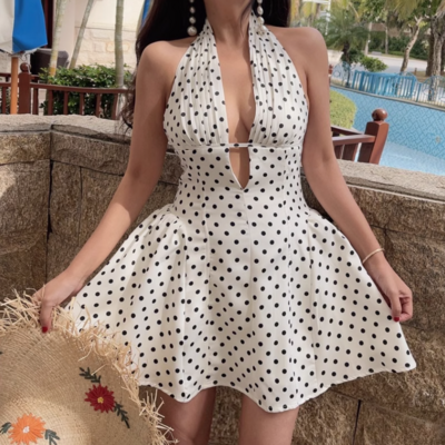 Retro polka dot print deep v-neck halter dress - Thumbnail 5