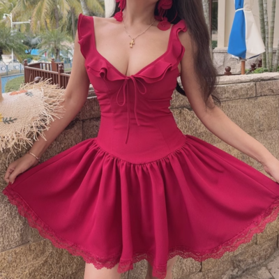 Ruffled drawstring pure style slim holiday casual dress