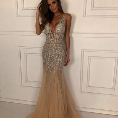 Luxury champagne sheath beading crsytals prom dress evening formal gowns - Thumbnail 1