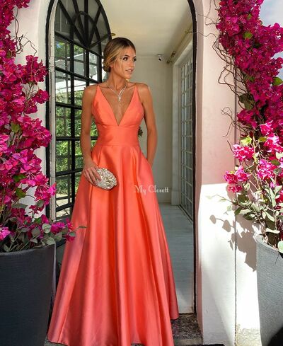 Sexy A Line Orange V Neck Prom Dress Formal Dress Evening Gowns